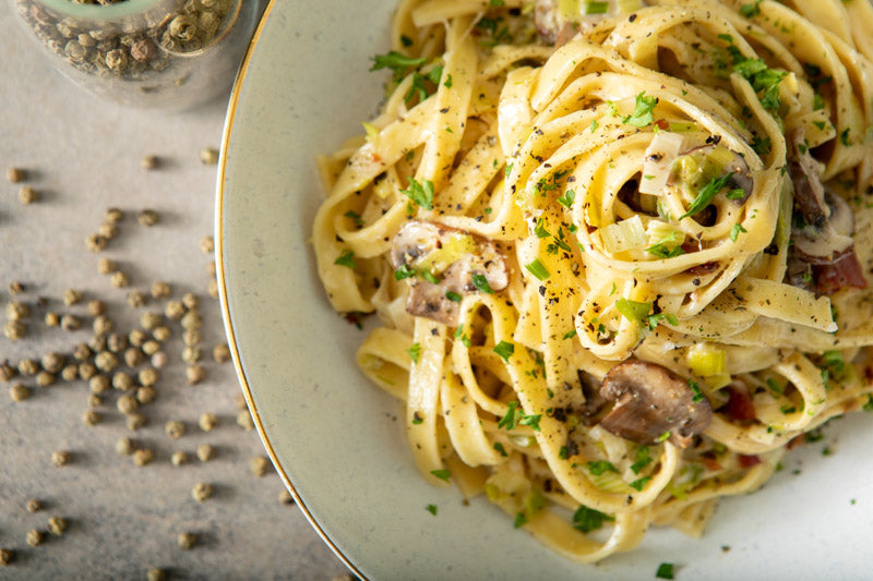 Recipe - Green Peppercorn Fettuccine with Leeks, Bacon and Mushrooms