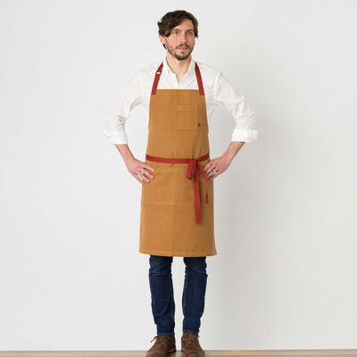 Classic Chef Apron Men, Women, Ochre Brown with Red Straps Cooks Bakers Bib Restaurant Wholesale