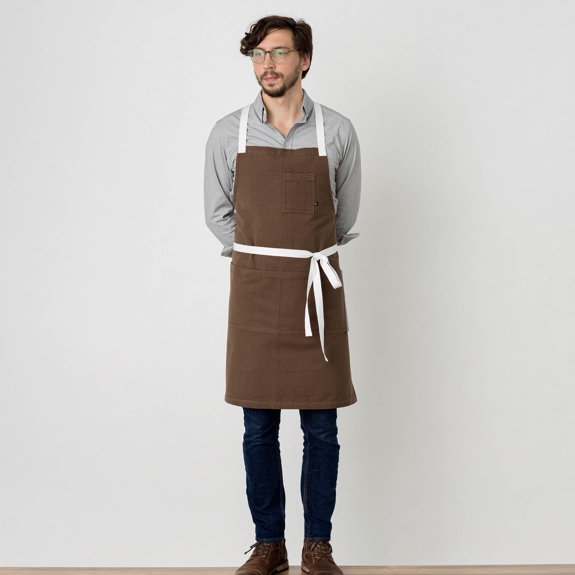 Cross Back Chef Apron, Dark Brown with White Straps, Men and Women