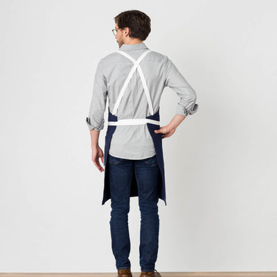 Cross Back Chef Apron, Navy with White Straps, Men and Women