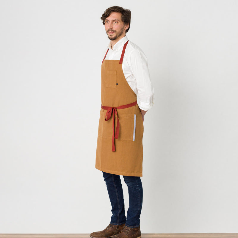 Classic Chef Apron Men, Women, Ochre Brown with Red Straps Cooks Bakers Bib Restaurant Wholesale
