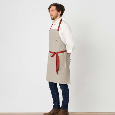 Classic Chef Apron Men, Women, Tan Beige with Red Straps Cooks Bakers Bib Restaurant Wholesale