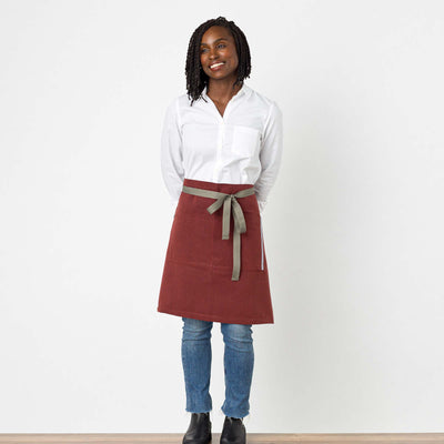 Server Waist Half Apron, Medium Length, Waitress, Waiter, Bartender, Restaurant, Bistro Middly Apron, 20"L, Maroon Red with Tan Straps, Men and Women-Reluctant Trading