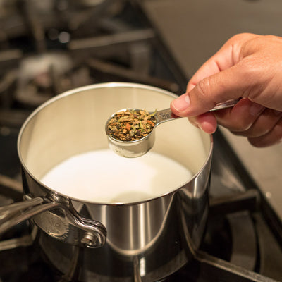 Bollywood Theater Masala Chai Tea preparation, add 1.5 tablespoons of Reluctant Trading Masala Chai Mix