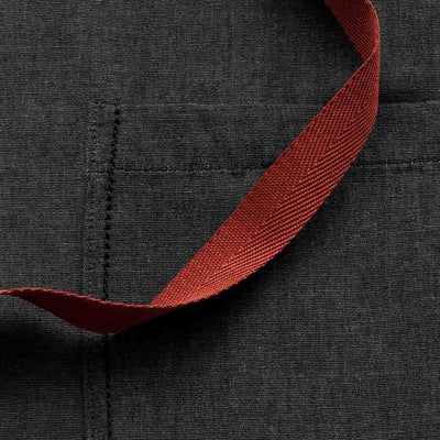 Bistro Apron, fabric detail, Charcoal Black with Red Straps, Half Apron, Reluctant Trading