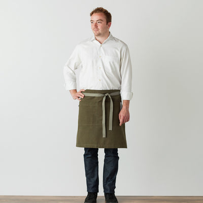 Bistro Apron, Server Olive Green with Tan Straps, Half Apron, Men or Women, Reluctant Trading Wholesale
