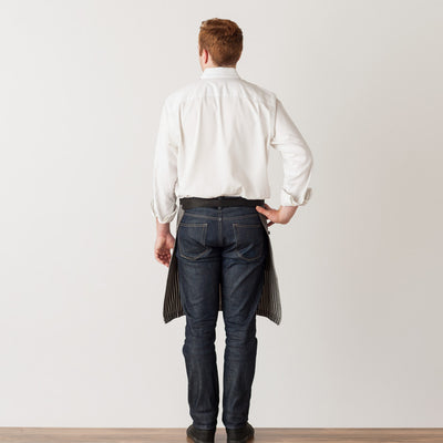 Bistro Server Half Apron, Railroad Stripe, Rear View, Restaurant Charcoal Black with White Stripe, Half Apron, Men or Women, Reluctant Trading