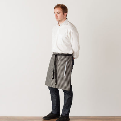 Bistro Server Half Apron, Railroad Stripe, Wholesale, Restaurant Charcoal Black with White Stripe, Half Apron, Men or Women, Reluctant Trading