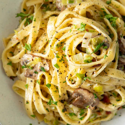 Green Peppercorn Fettuccine Leeks Bacon and Mushrooms