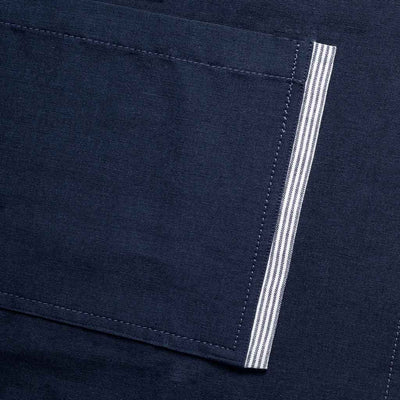 Navy Chef's Bib Apron, Blue Ticking on Pocket, Detail shot-Reluctant Trading