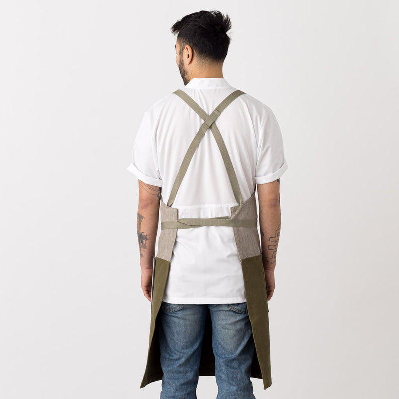 Cross-Back Chef Men's Apron, Olive Green and Tan, Two Tone, Comfortable, Restaurant Quality Unisex, Affordable