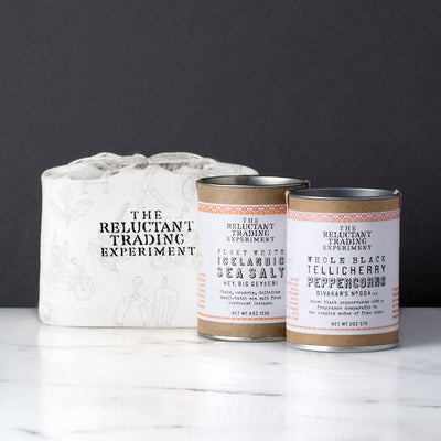 4oz Icelandic Salt, 2oz Tellicherry Peppercorns with gift bag