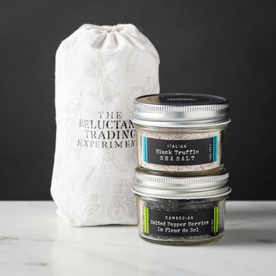 Cambodian Salted Pepper Berries in Fleur del Sel 2oz Glass Jar and Italian Black Truffle Sea Salt 3.5oz Glass Jar Gift Set