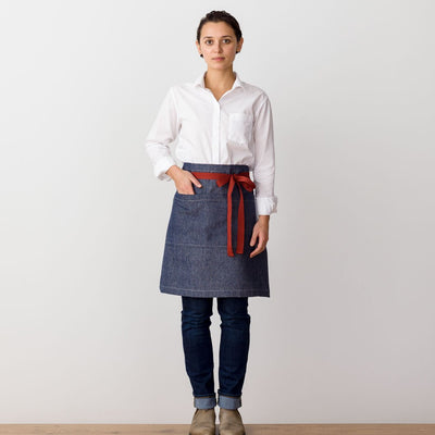 Bistro Apron, Server, Blue Denim with Dark Red Straps, Half Apron, Reluctant Trading