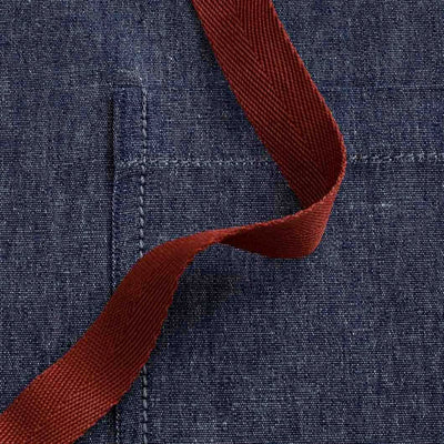 Bistro Apron, Server, Blue Denim with Red Straps, Detail Shot, Half Apron, Server, Reluctant Trading