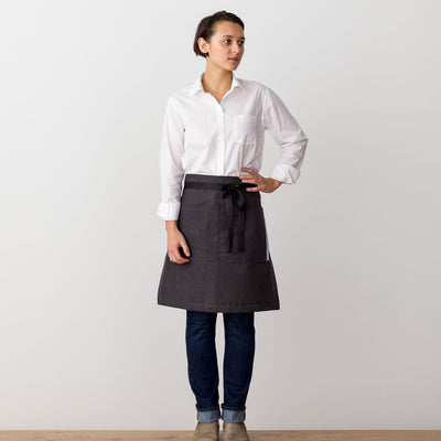 Bistro Apron on Model, Charcoal Black with Black Straps, Half Apron, Server, Reluctant Trading