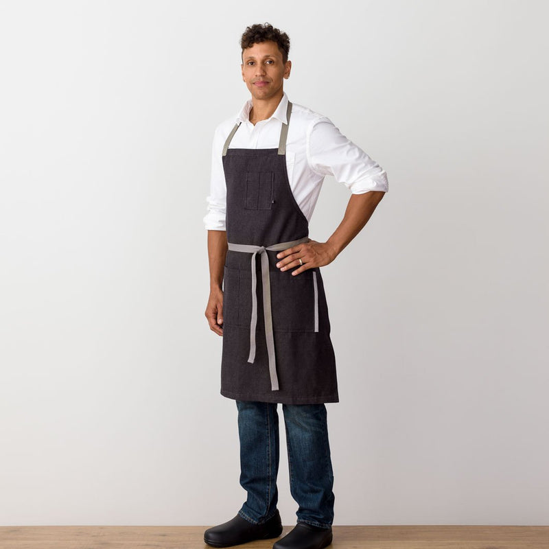 Chef's Apron, Charcoal Black with Tan Straps, Men or Women-Reluctant Trading, model front view
