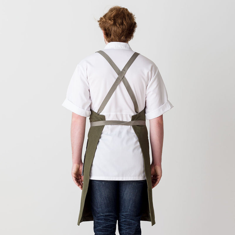 Cross-Back Chef Apron, Olive with Tan Straps, Men and Women-[Reluctant Trading Experiment]-Standard Cross-Back - 34”L x 30”W