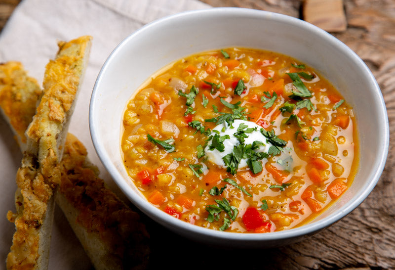 Recipe - Coriander Red Lentil Soup with Herbed Garlic Breadsticks