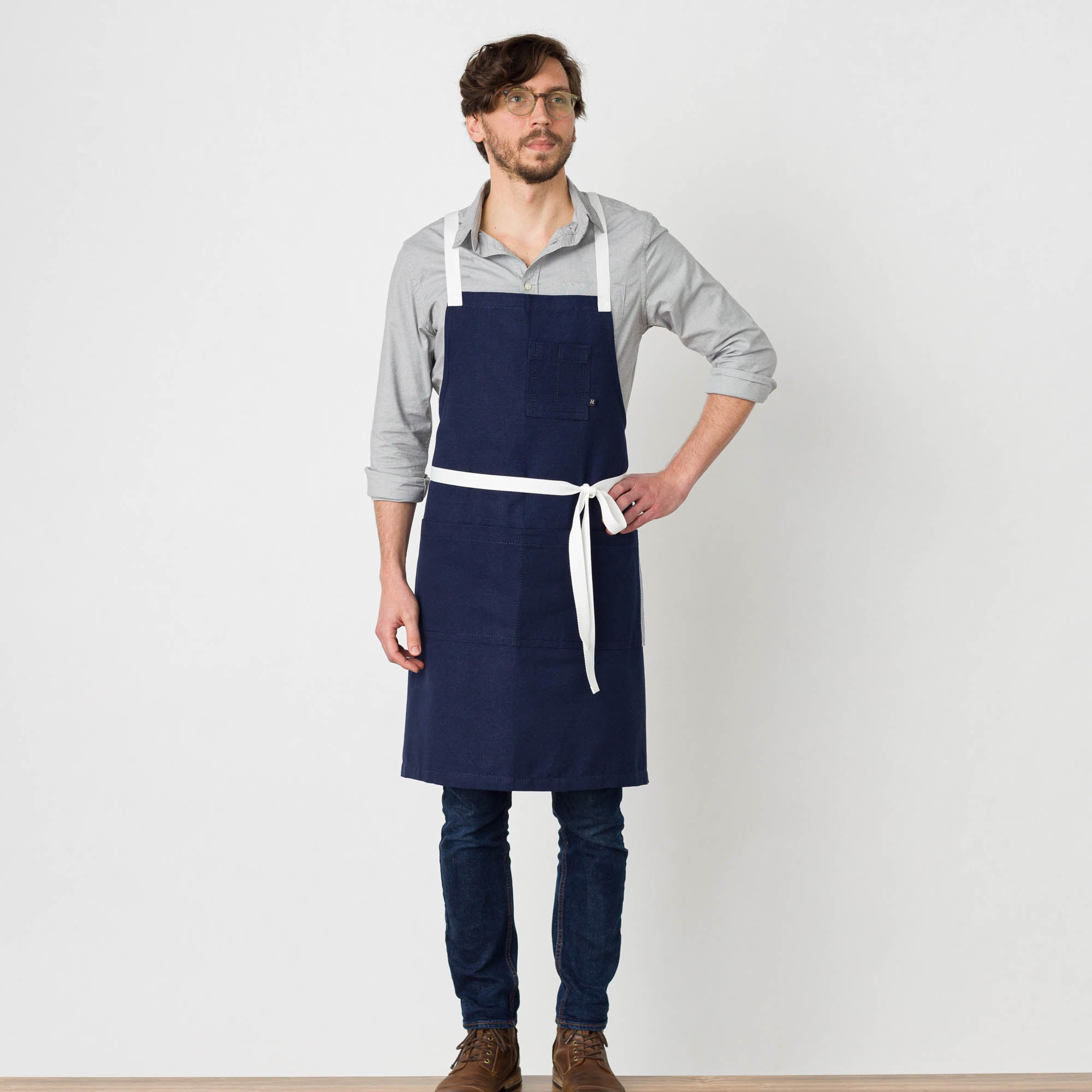 Cross Back Chef Apron, Navy with White Straps, Men and Women