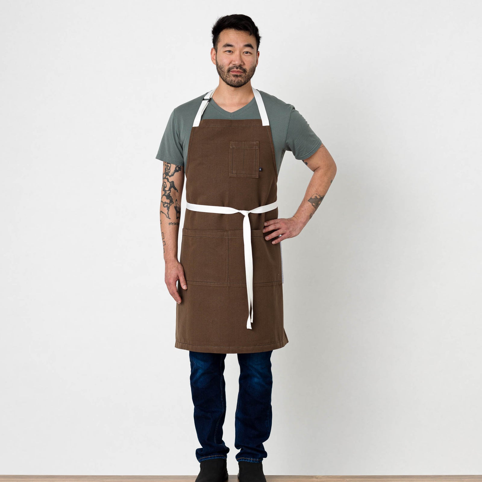 Classic Chef Apron, Dark Brown with White Straps, Men or Women