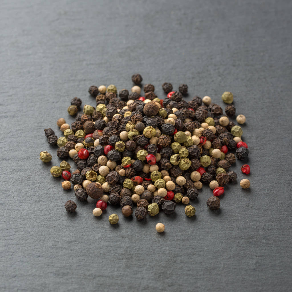 Medley Mix 5 Peppercorn Blend featuring Black Tellicherry, Green, White and Pink Peppercorns, Allspice