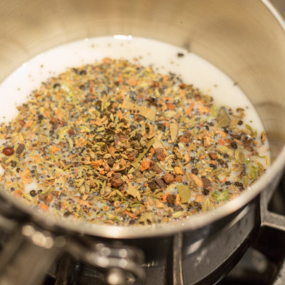 Bring Reluctant Trading Bollywood Theater Masala Chai Tea mix just to boil, then turn down heat