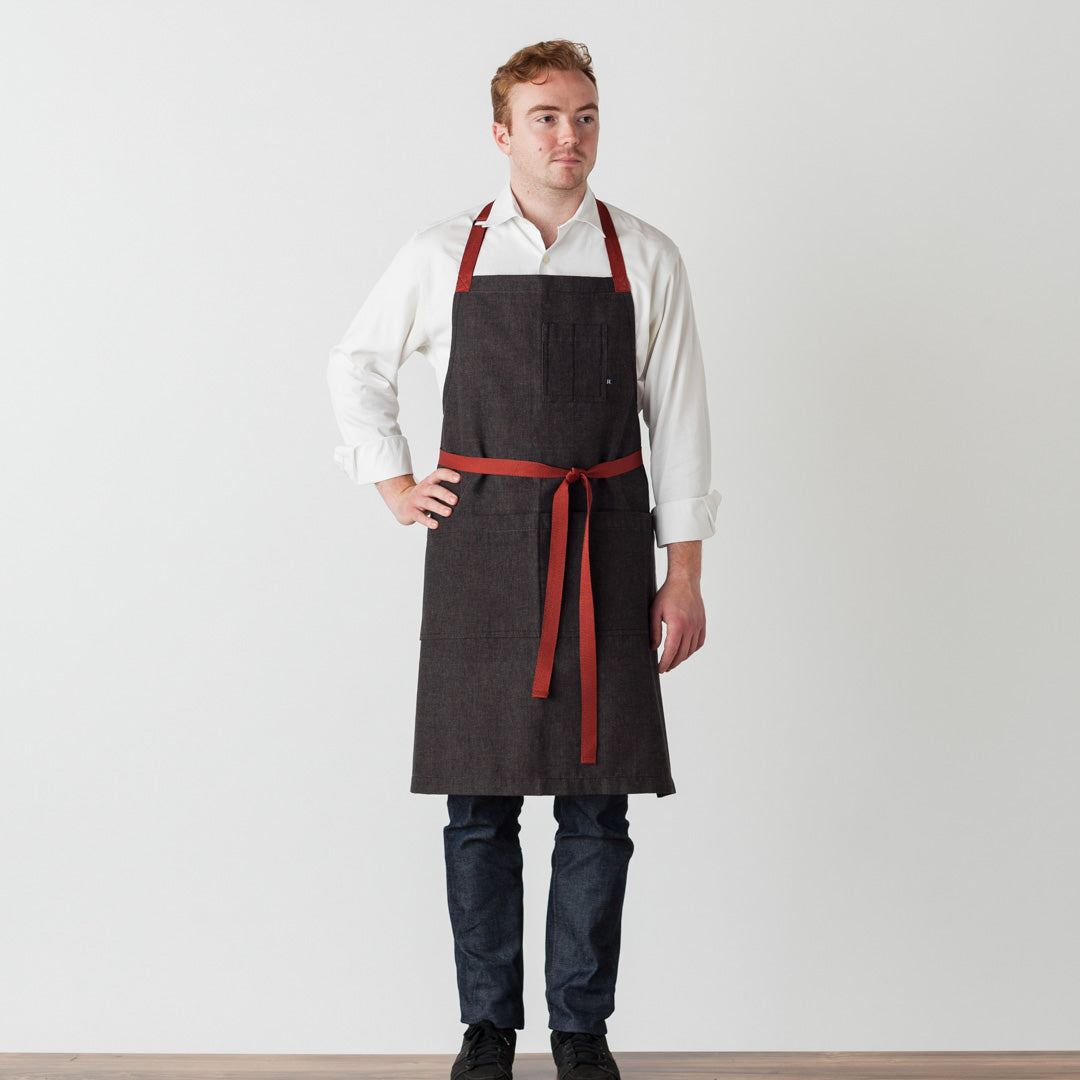 Chef Baker Bib Apron for Men Women Charcoal Black with Red Straps and Pockets Restaurants