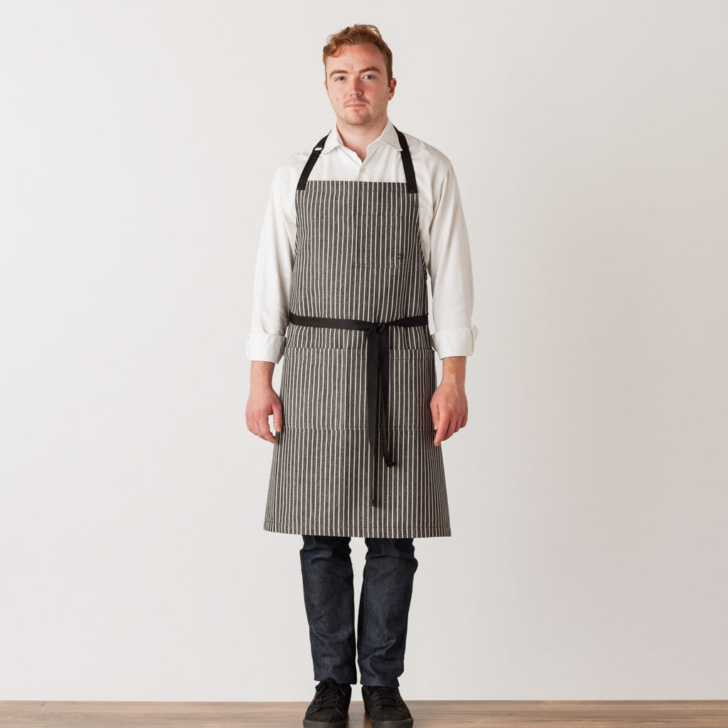 Classic Bib Apron, Railroad Stripe, Charcoal Black with White Stripe, Men or Women, Reluctant Trading Wholesale Too