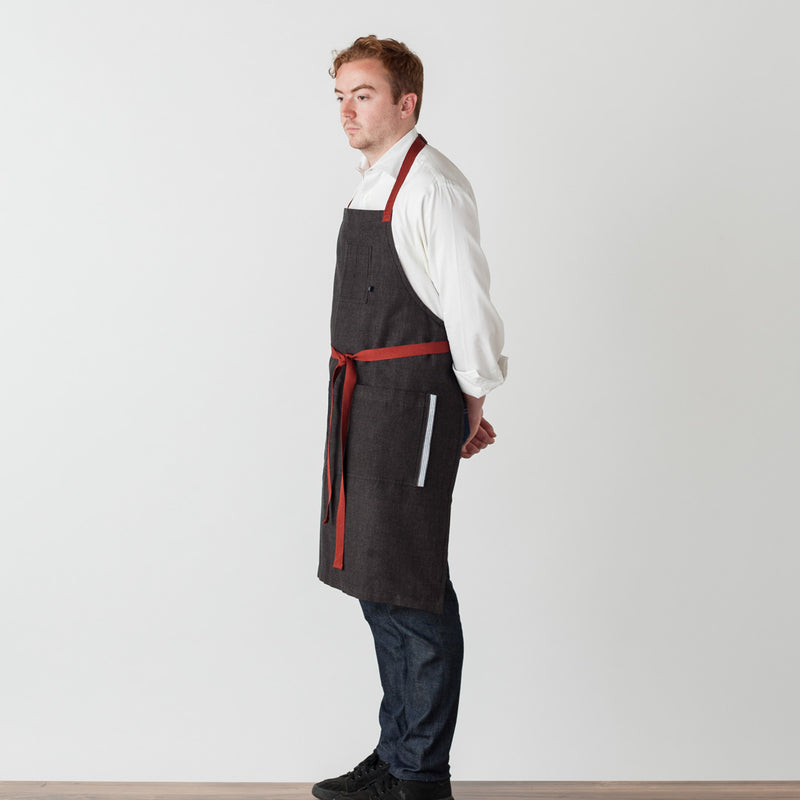 Chef Baker Bib Apron for Men Women Charcoal Black with Red Straps and Pockets Restaurants
