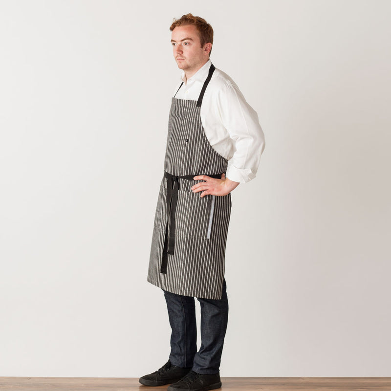 Classic Bib Apron, Railroad Stripe, Charcoal Black with White Stripe, Men or Women, Reluctant Trading Wholesale Too