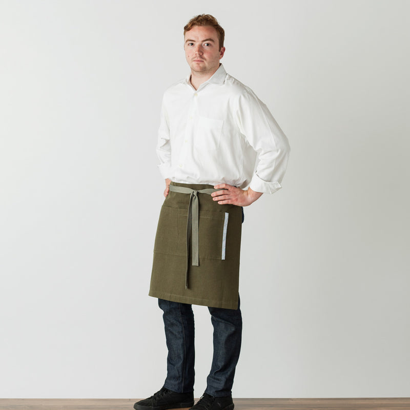 Bistro Apron, Server Olive Green with Tan Straps, Half Apron, Men or Women, Reluctant Trading Wholesale