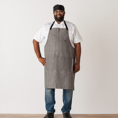 Chef Bib Apron, XL Size, Big and Tall, Classic Railroad Stripe, Charcoal Black with White Stripe, Men or Women, Reluctant Trading Wholesale Too