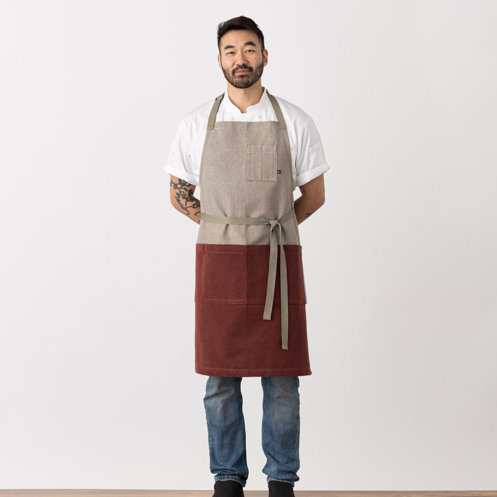 Chef Bib Apron Two Tone, Tan and Burgundy Maroon, Cool, Modern Restaurant Quality, Classic