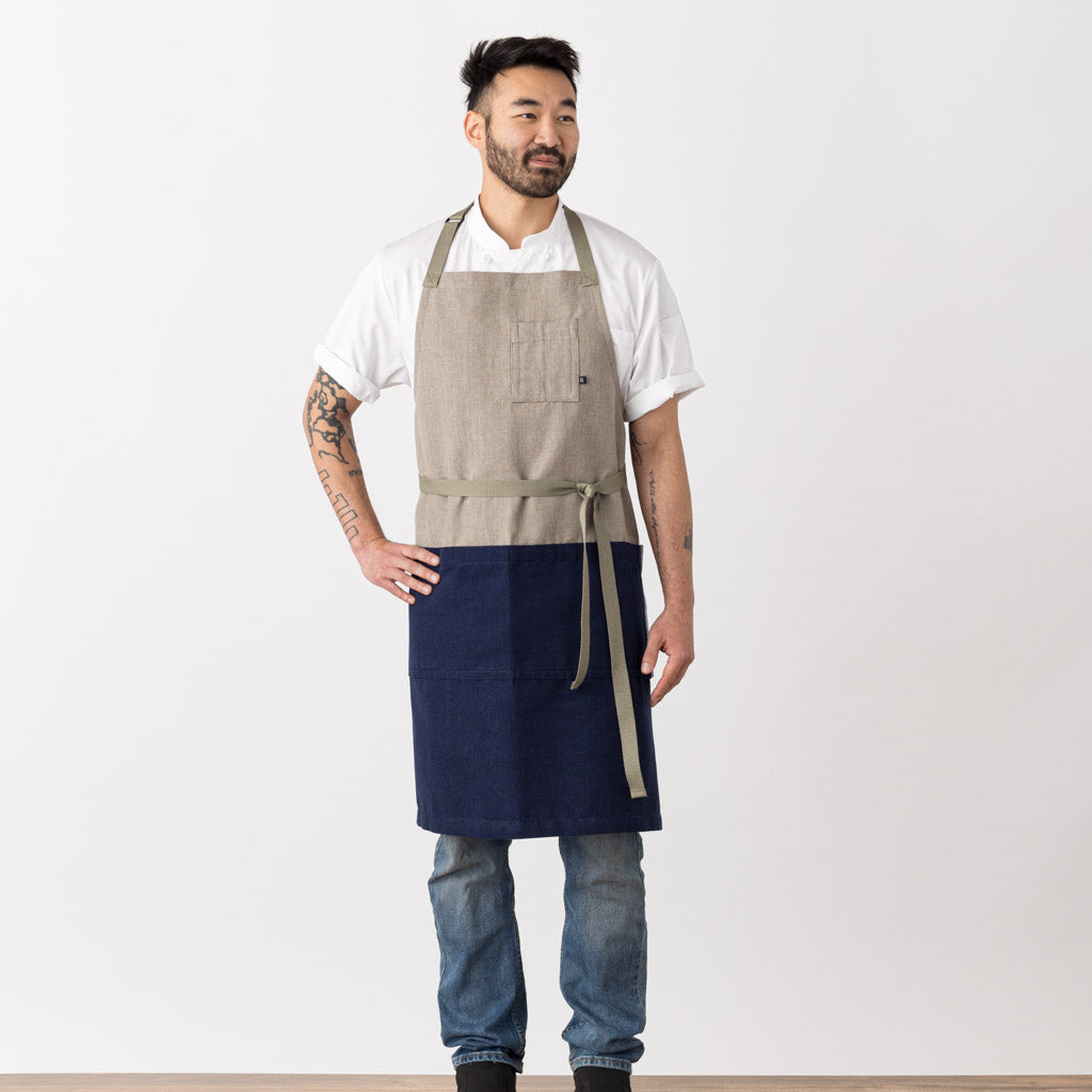 Modern Chef Apron Men, Women, Two Tone, Navy Blue and Tan, Restaurant Classic Bib, Industry Pricing, Cool Hip