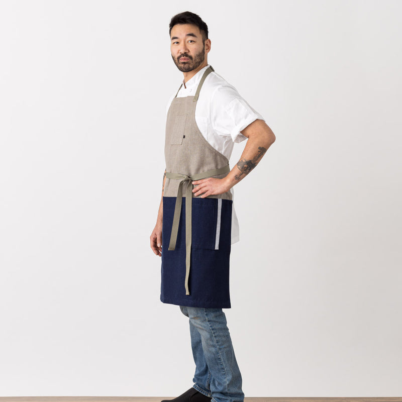Modern Chef Apron Men, Women, Two Tone, Navy Blue and Tan, Restaurant Classic Bib, Industry Pricing, Cool Hip