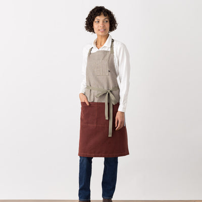 Chef Apron Two Tone, Tan and Burgundy Maroon Red, Cool, Modern Restaurant Quality Classic Bib, Industry Pricing