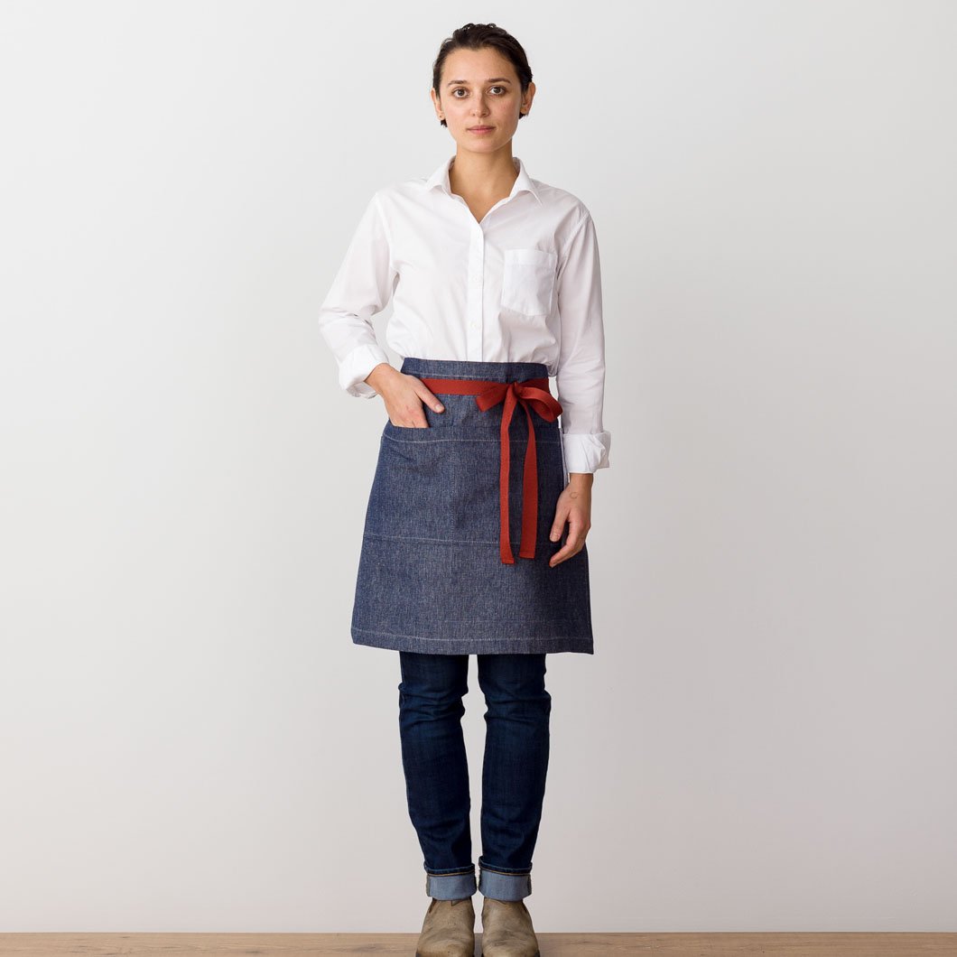 Bistro Apron, Server, Blue Denim with Dark Red Straps, Half Apron, Reluctant Trading