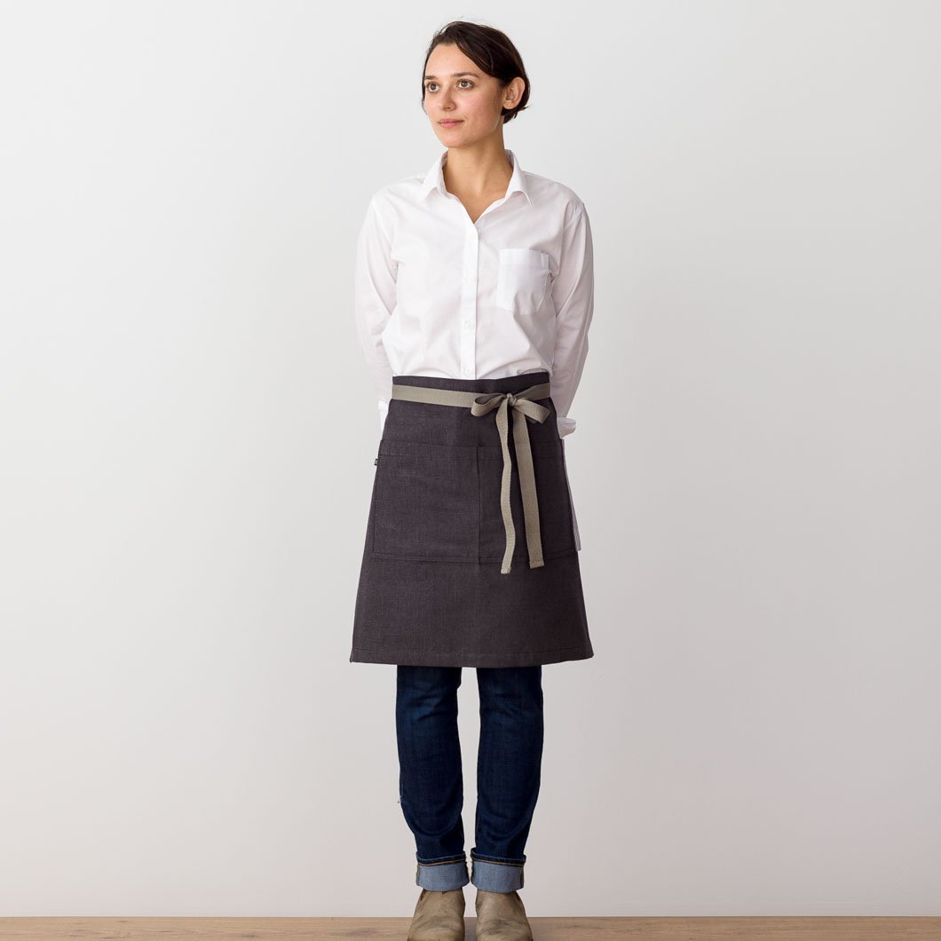Bistro Apron on Model, Charcoal Black with Tan Straps, Half Apron, Server, Reluctant Trading