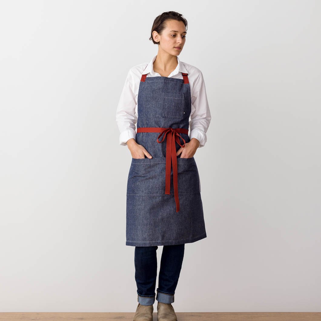 Chef's Apron, Blue Denim with Red Straps, Men or Women-The Reluctant Trading Experiment, front view