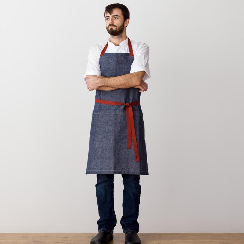 Chef's Apron, Blue Denim with Red Straps, Men or Women-The Reluctant Trading Experiment, front view
