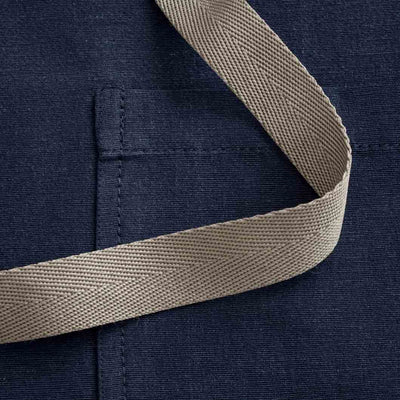 Chef's Apron, Navy with Tan Straps, Detail shot, 100% cotton-The Reluctant Trading Experiment