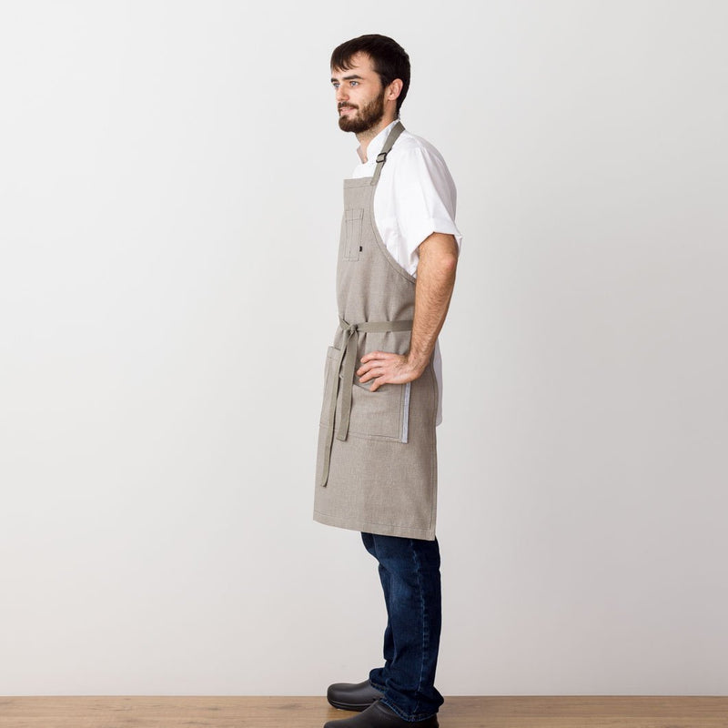 Chef's Apron, Tan, Beige with straps, Men or Women, handmade, model front view, professional- Reluctant Trading