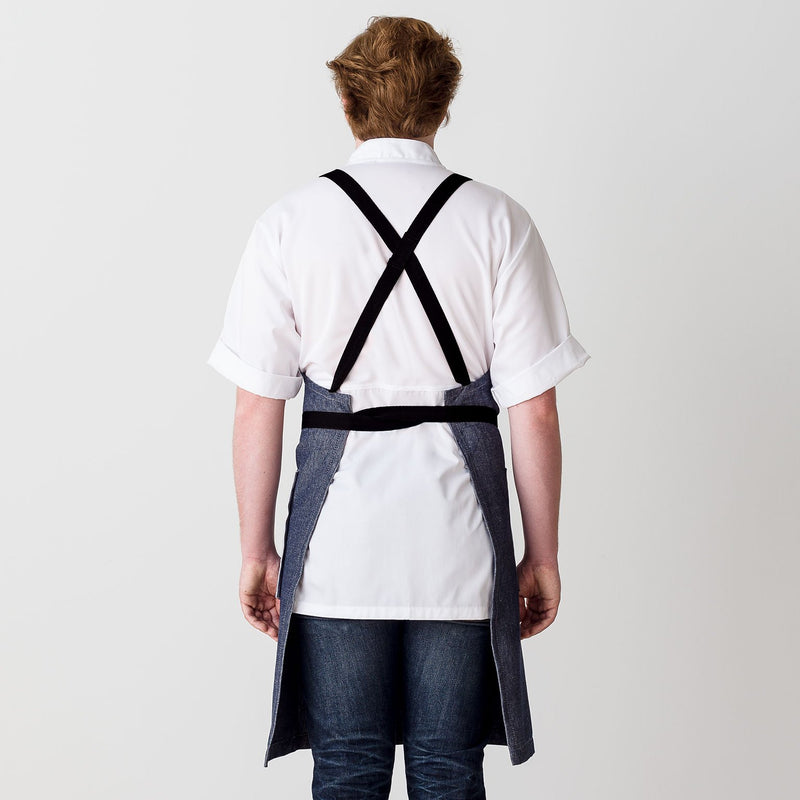 Cross-Back Chef Apron, Blue Denim with Black Straps, Men and Women-[Reluctant Trading Experiment]-Standard Cross-Back - 34”L x 30”W