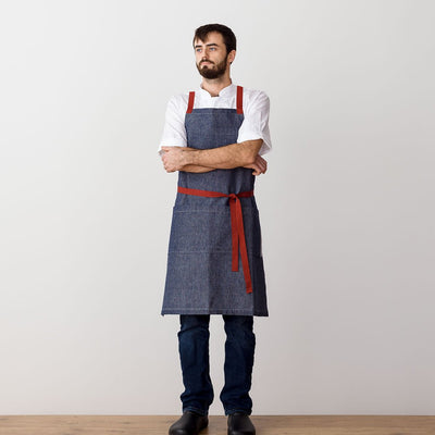 Cross-Back Chef Apron, Blue Denim with Red Straps, Men and Women-[Reluctant Trading Experiment]-Standard Cross-Back - 34”L x 30”W