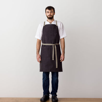Cross-Back Chef Apron, Charcoal with Tan Straps, Men and Women-[Reluctant Trading Experiment]-Standard Cross-Back - 34”L x 30”W