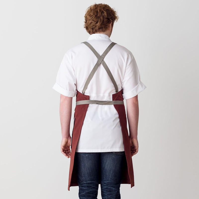 Cross-Back Chef Apron, Maroon with Tan Straps, Men and Women-[Reluctant Trading Experiment]-Standard Cross-Back - 34”L x 30”W