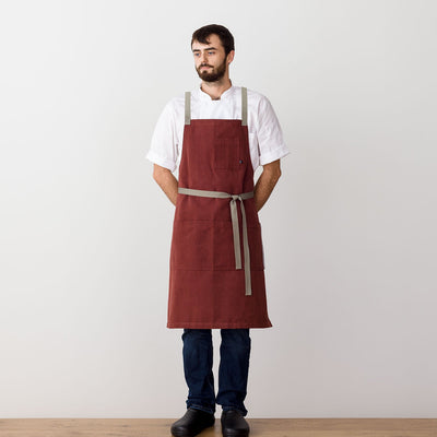 Cross-Back Chef Apron, Maroon with Tan Straps, Men and Women-[Reluctant Trading Experiment]-Standard Cross-Back - 34”L x 30”W
