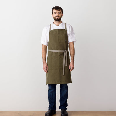 Cross-Back Chef Apron, Olive with Tan Straps, Men and Women-[Reluctant Trading Experiment]-Standard Cross-Back - 34”L x 30”W