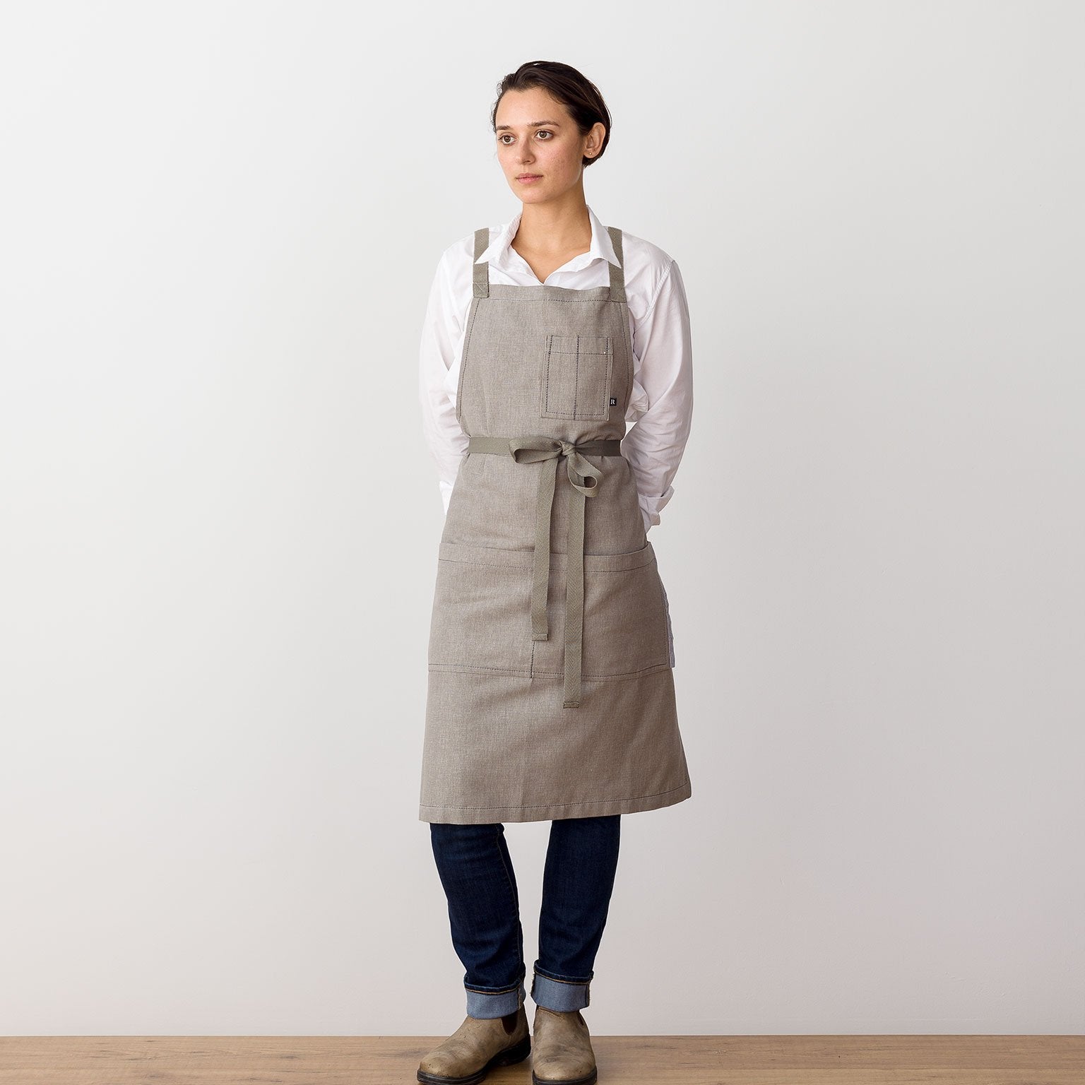 Cross Back Kitchen Apron for Women, Men. Chefs, Baking, BBQ. Tan Cotton Canvas with Pockets., Standard Cross Back - 34”L x 30”W